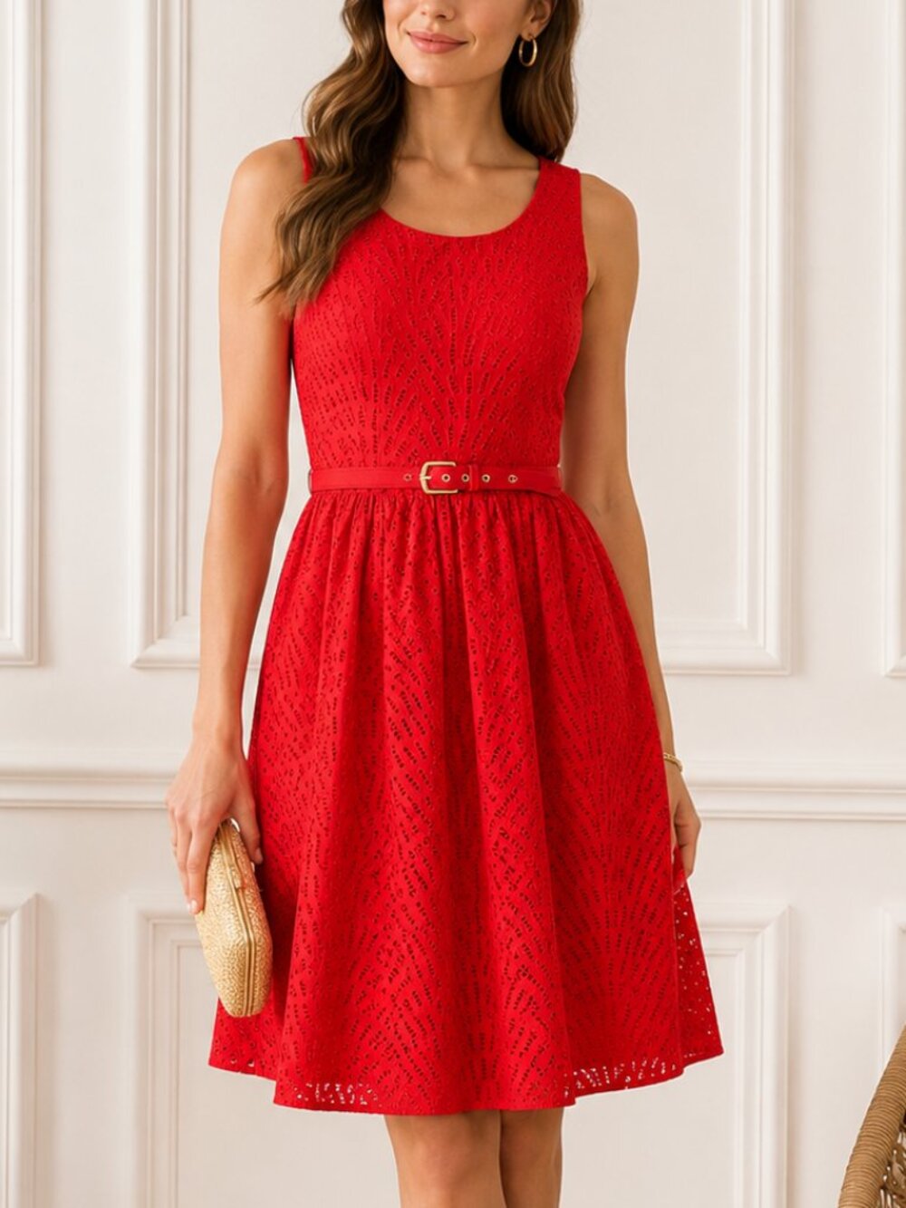 Trina Turk Azteca Eyelet B-52 Belted Tank Dress Red Cotton Size 10 USA